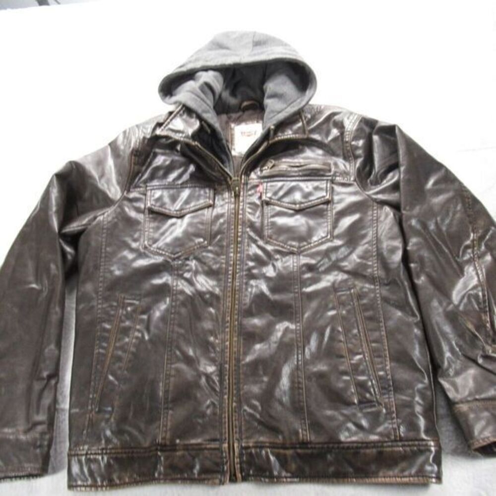 Levis Jacket Mens Medium Brown‎ Pockets Faux Leather Quilt Lined Full Zip Hooded